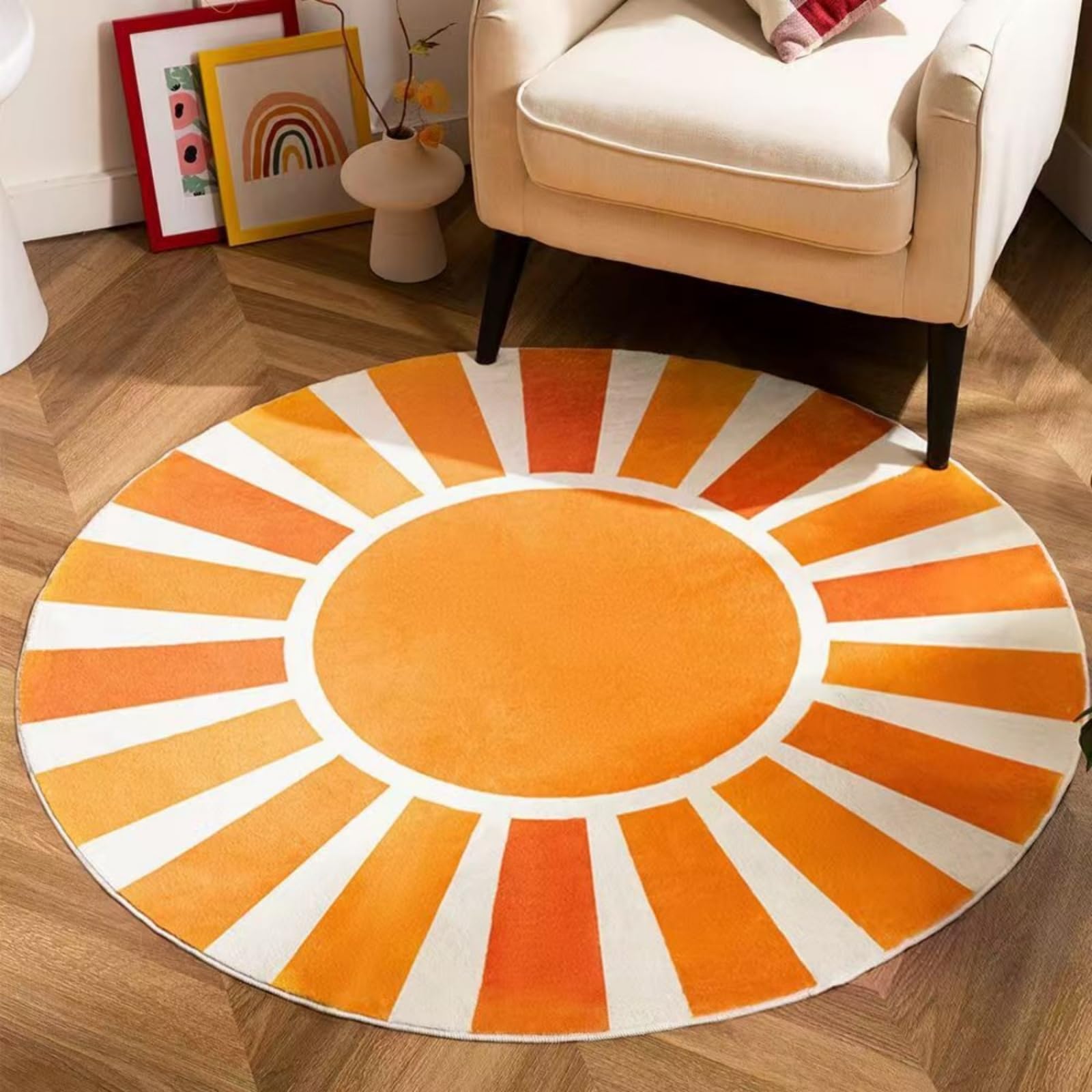 Teppich Wohnzimmer Rund 90 Cm Orange Gelb Teppich Kurzflor Rutschfest