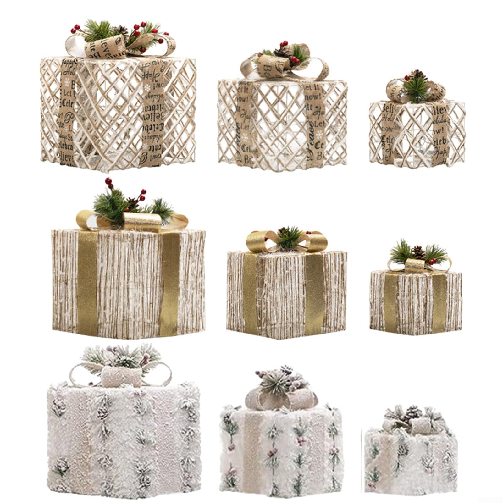 Set di 3 scatole natalizie illuminate, in peluche, decorazione regalo con timer, fiocco argentato, telaio in ferro battuto, per interni ed esterni (oro)