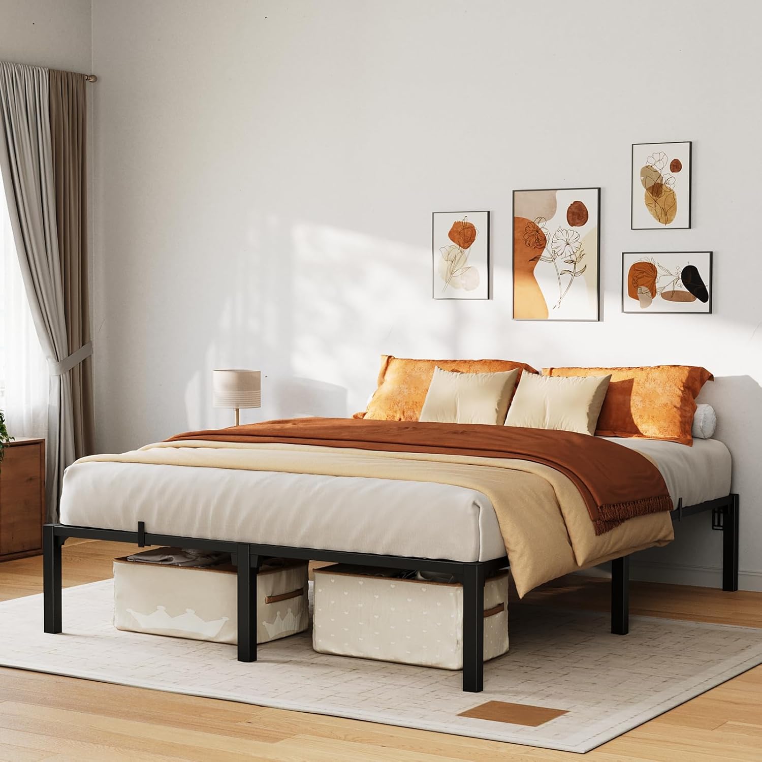 Queen Size Metal Bed Frame - 14 Inch Platform with Reinforced Iron Slats & Legs, Tool-Free & Screwless Assembly, No Box Spring Needed, Heavy Duty 800 Lbs Weight Capacity