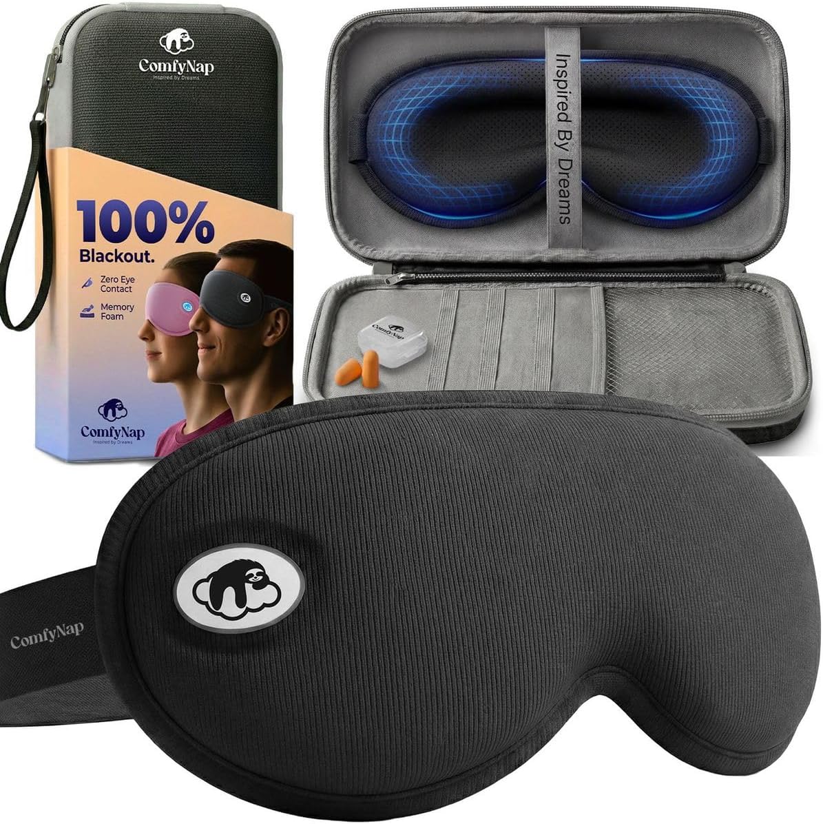 Eye Mask for Sleep with Ultimate Travel Case & Ear Plugs - DeepSpace™ Blackout Sleep Mask for Women Men, Side Sleeper Adjustable Eye Cover, Zero Eye Pressure, Memory Foam Eye Mask for Travel