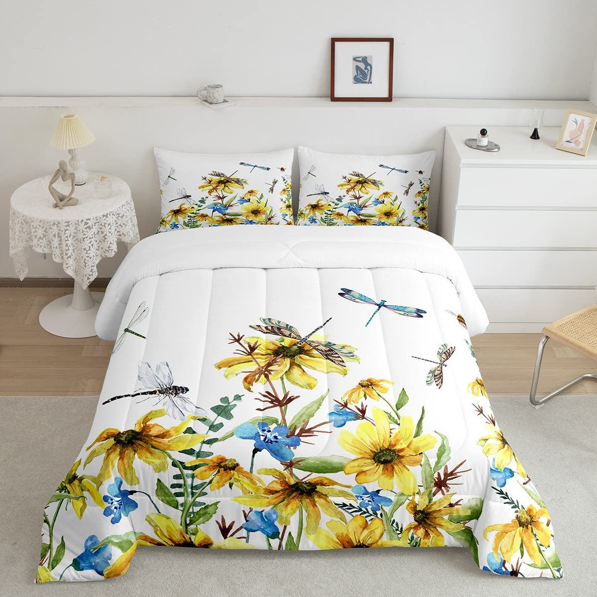 Feelyou Floral Print Comforter Set Yellow Flowers Bedding Set Dragonfly Comforter Gifts for Women Quilted Duvet Set for Kids Boys Girls Adults Twin