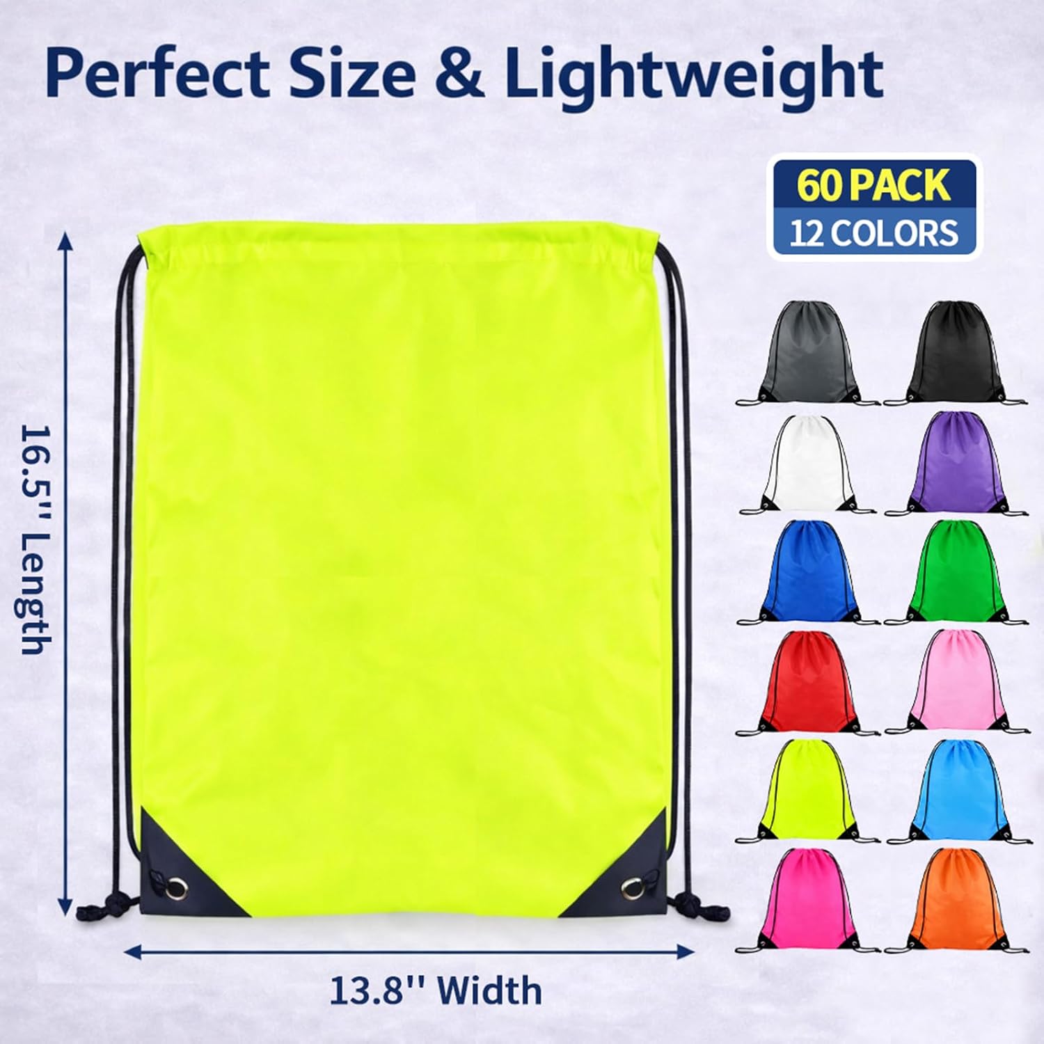 60 PCS Drawstring Bags Bulk, Durable Cinch Sackpack Gym Bags for Women & Men, 12 Colors, Customizable for Gifts, School, Work & Homeless Care Kits