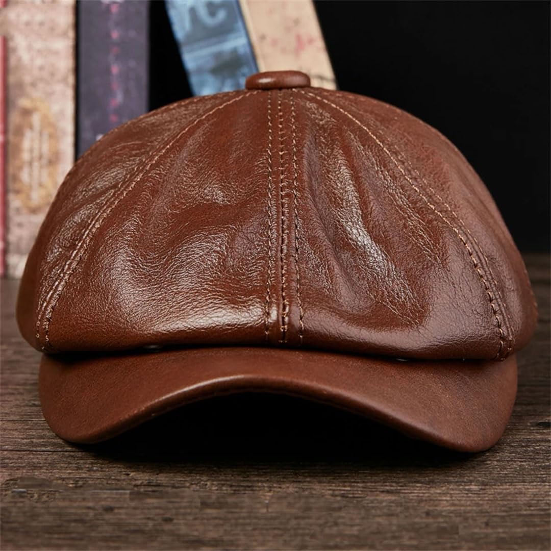 Sombreros de periódicos para hombre de piel de vaca auténtica, octogonal, ajustados, vintage, boina de pico de pato, Gorra marrón, 59/60 cm