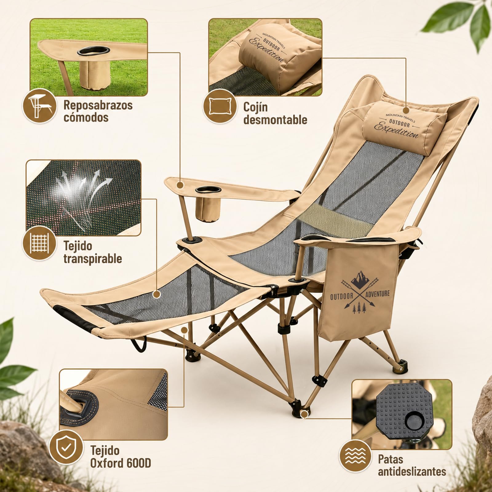Silla Camping Plegable, 2 en 1 Sillas Playa con Footrest, Regulación de Altura en 4 Posiciones, Incluye Bolsa Isotérmica y Portavasos, Hasta 120KG, para Outdoor Camping Garden Fishing Terrace