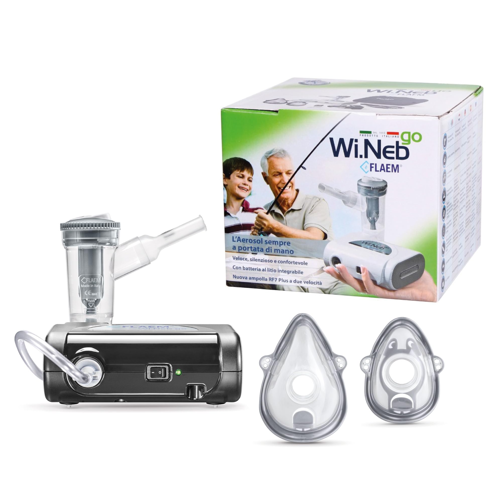 Flaem, Wi.Neb Go, Aerosol Portatile Silenzioso per le Basse Vie Respiratorie, Macchina Aerosol Adulti e Bambini Certificata con Mascherine Soft Touch, Batteria, Alimentatore, Custodia, Made in Italy