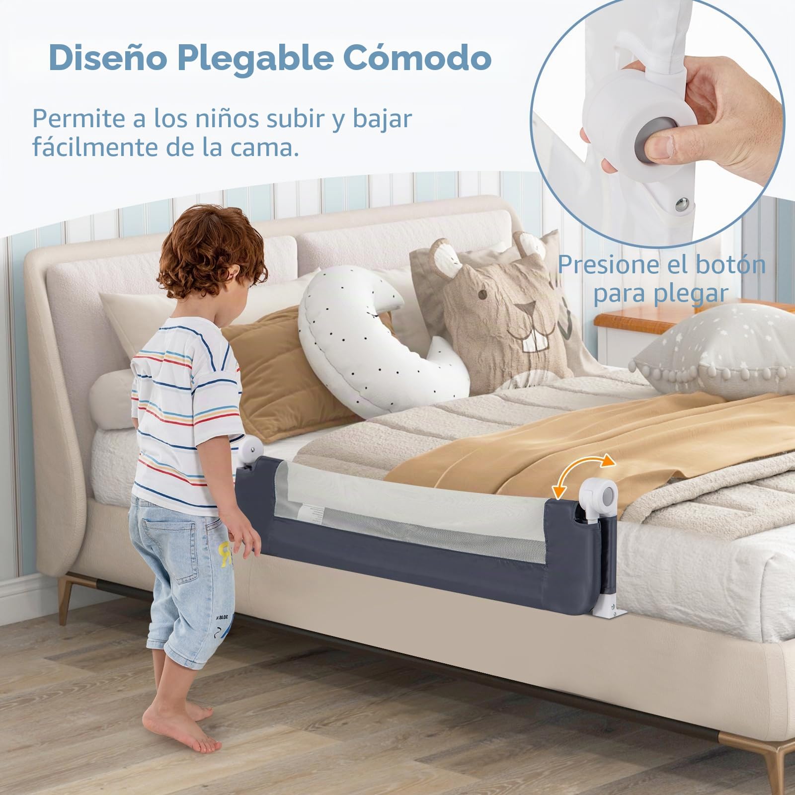 RELAX4LIFE Barrera Seguridad Niños Cama Plegable 105/120/150cm, Barandilla Cama Niño Abatible de Metal y Tela Oxford con Malla Transpirable para Camas Individuales y Dobles (Gris, 120x40x42cm)
