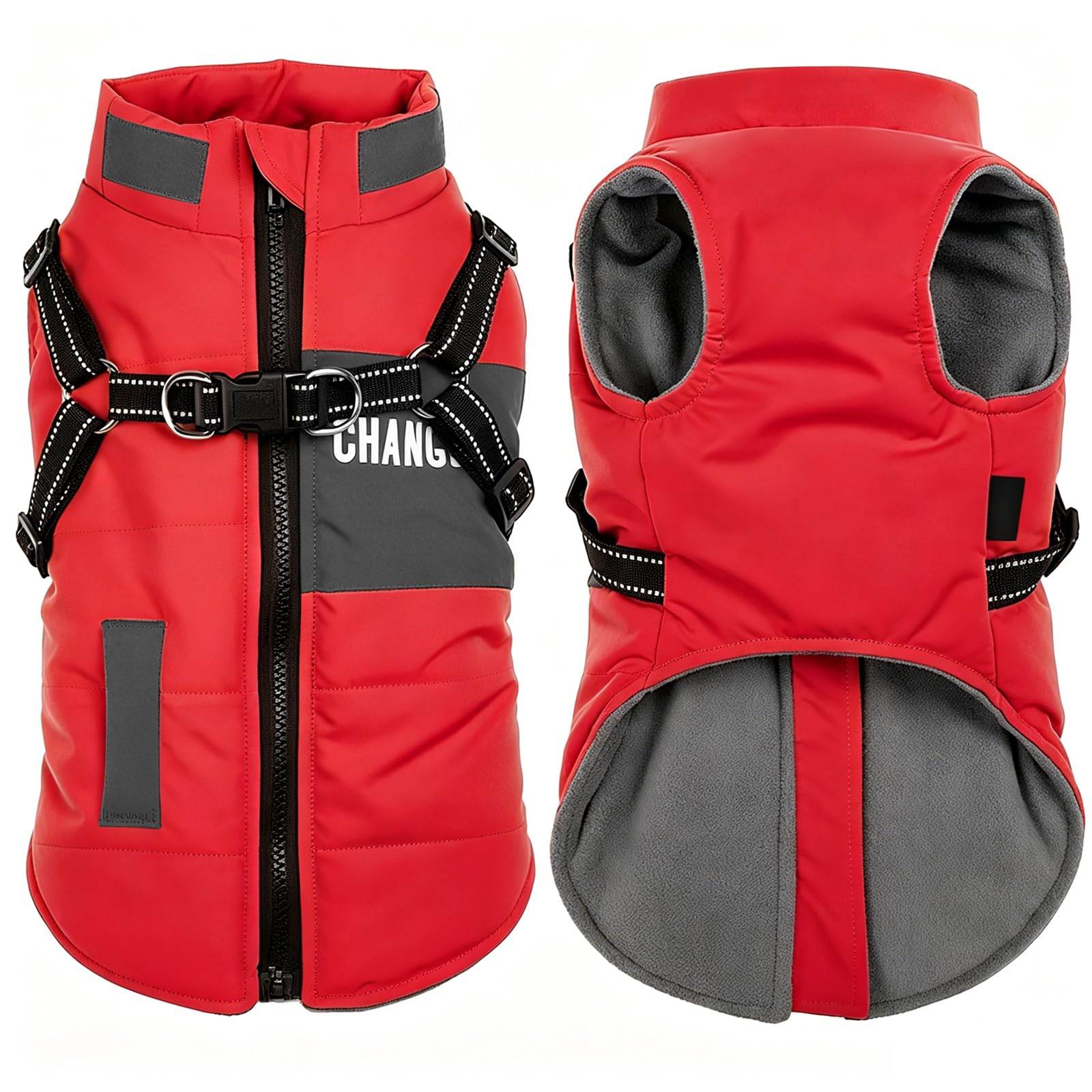 Oslueidy Dog Winter Jackets,Warm Dogs Coats Dogs Clothes Reflective Doggie Apparel Waterproof Puppy Cold Weather Vest with Dog Harness for Small Medium Dogs (Red, L)
