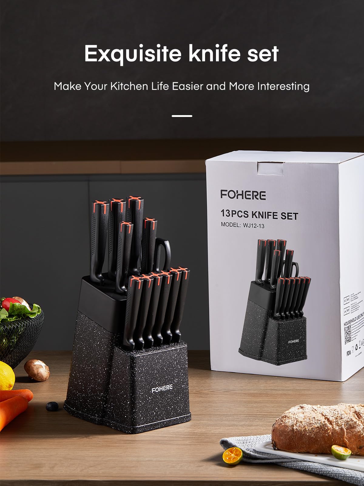 Couteaux de Cuisine avec Bloc, FOHERE 13 Pièces Couteaux de Table en Acier Inoxydable avec Affûteur Intégré, Bloc de Couteaux Professionnel avec Support,Granit Noir