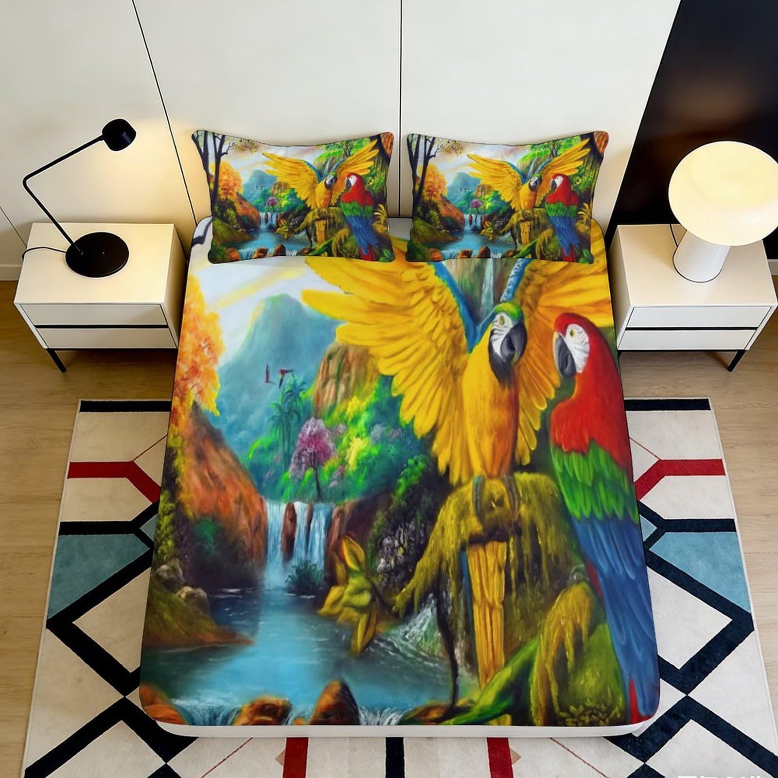 3D Printed Tropical Parrot Fitted Sheet Microfiber Soft Waterfall Scene Mattress Cover for Bedroom Dorm Decorative Protector 180x200x25cm