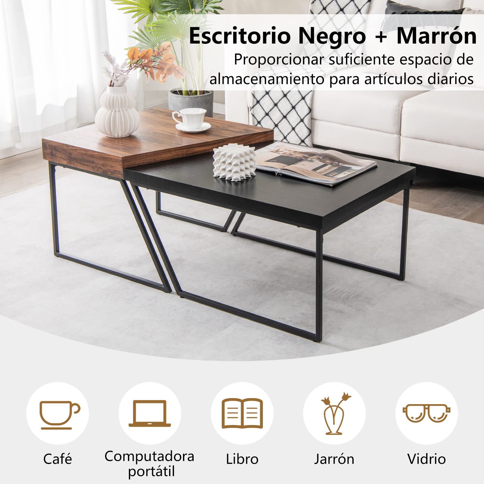 COSTWAY Juego de 2 Mesas Auxiliares de Centro, Mesa Auxiliar de Nido con Patas de Metal con Recubrimiento en Polvo, Mesa Nido de Café Trapezoidal para Sala de Estar Oficina Dormitorio