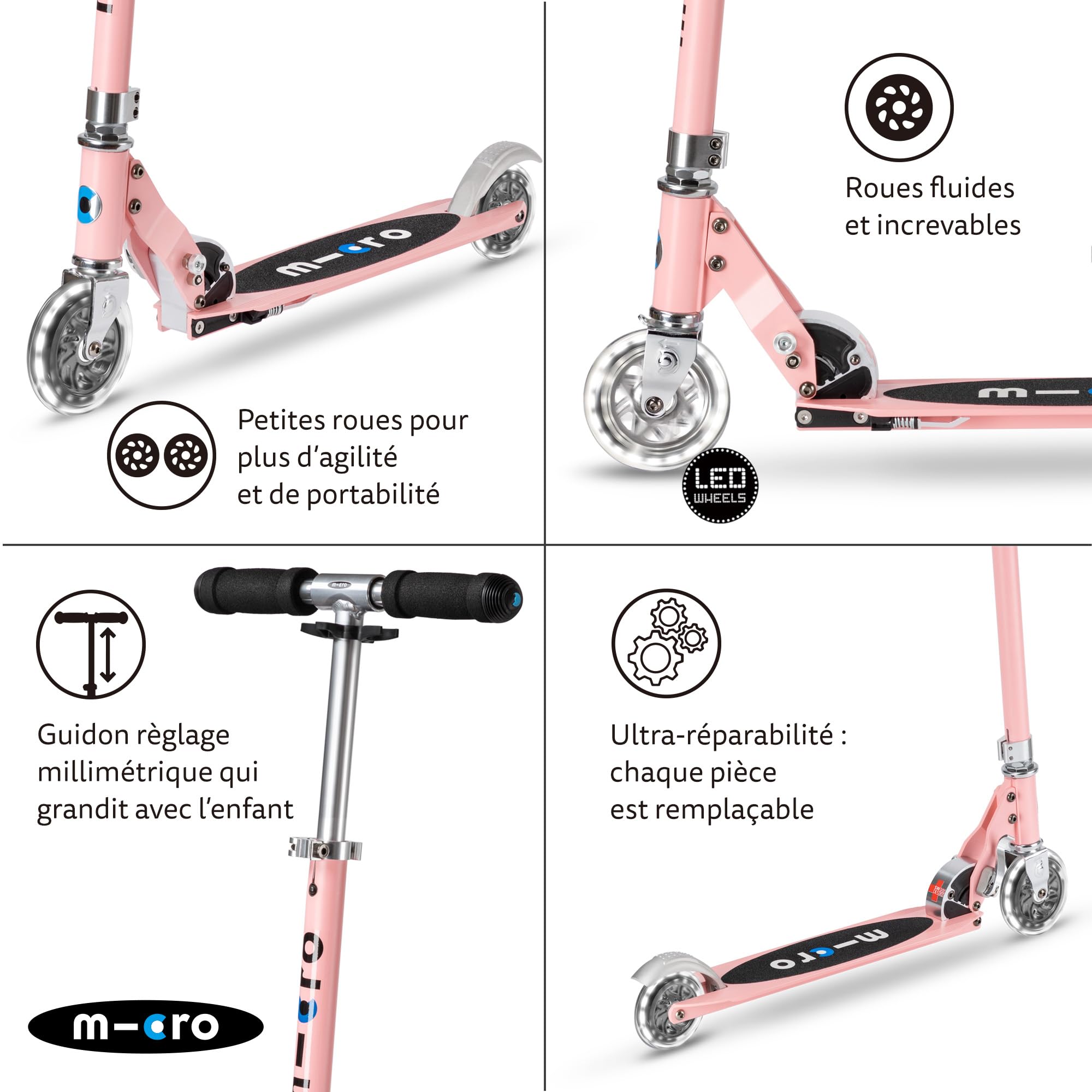 Micro Trottinette Micro Sprite LED avec 2 Roues pour Enfants - Trottinette et poignées Pliables - Roues avec éclairage LED - Légère et réglable en Hauteur - 5 Ans et Plus