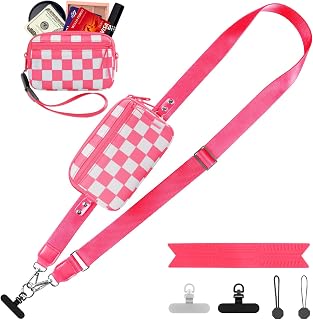 YFWE Clip and Go Strap for Phone with Wallet Crossbody, Adjustable Phone Lanyard with Detachable RFID Wristlet Wallet, Phone Strap with Phone Tabs for All Phones, Pink Checkered (M)