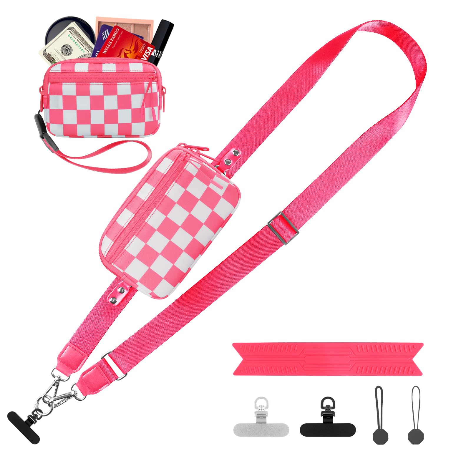 YFWE Clip and Go Strap for Phone with Wallet Crossbody, Adjustable Phone Lanyard with Detachable RFID Wristlet Wallet, Phone Strap with Phone Tabs for All Phones, Pink Checkered (M)