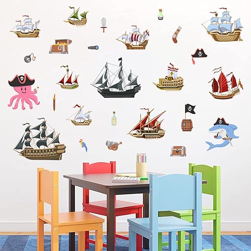 Miniatura 7 de Calcomanías de pared extraíbles de barco pirata, calcomanías de madera para barco, velero, divertido, océano, pulpo, tiburón, impermeable, despegar
