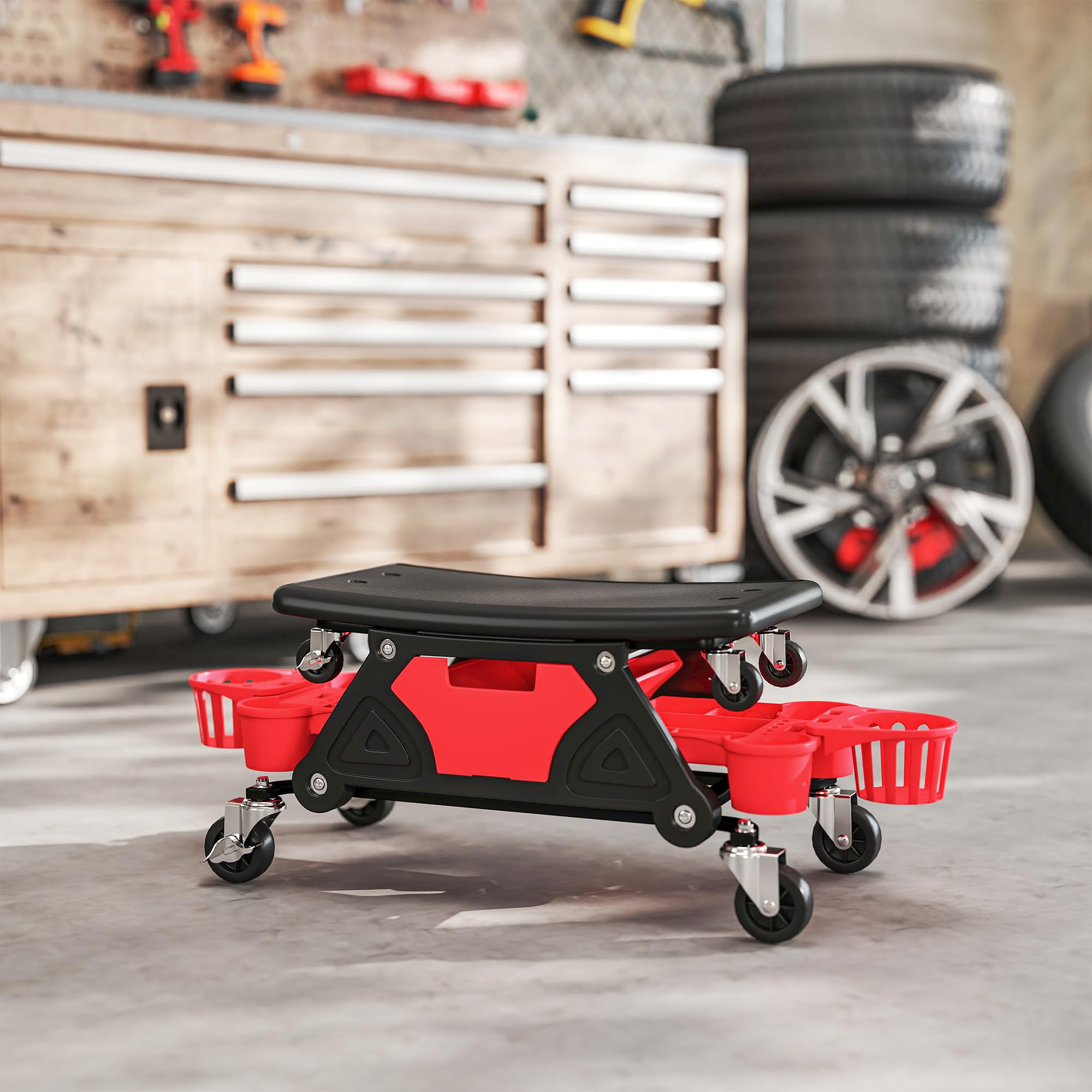 HOMCOM Taburete de Taller Giratorio con Ruedas Altura Ajustable Asiento Taburete para Mecánico con 2 Bandejas para Herramientas Portavasos Cajón Carga 135 kg para Garaje Reparación de Automóviles Rojo