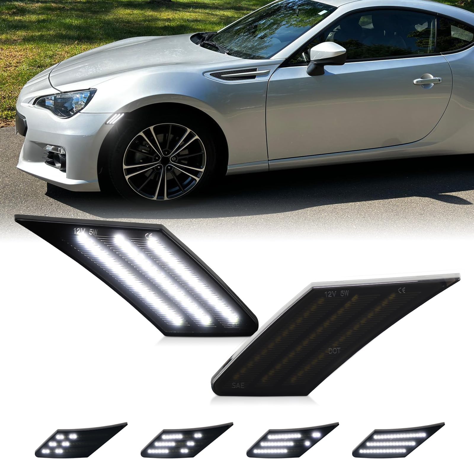 Dynamic LED Side Marker Turn Signal Lights for 2013-2016 Scion FR-S 2013-2021 Subaru BRZ 2017-2021 Toyota 86 Sequential White Front Bumper Smoked Lens 2PCS