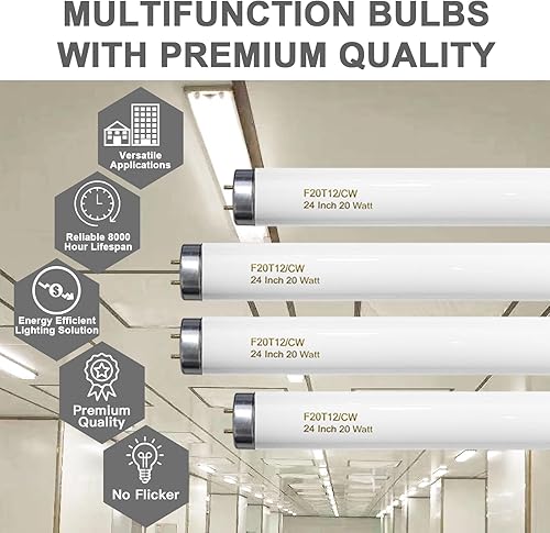 Miniatura 10 de Bombilla fluorescente T12 de 24 pulgadas, 20 W, blanco frío, F20T12CW 4100K, repuesto para F20T12CWALTO, F20T12CWECO, F20T12SP41ECO G13, base de