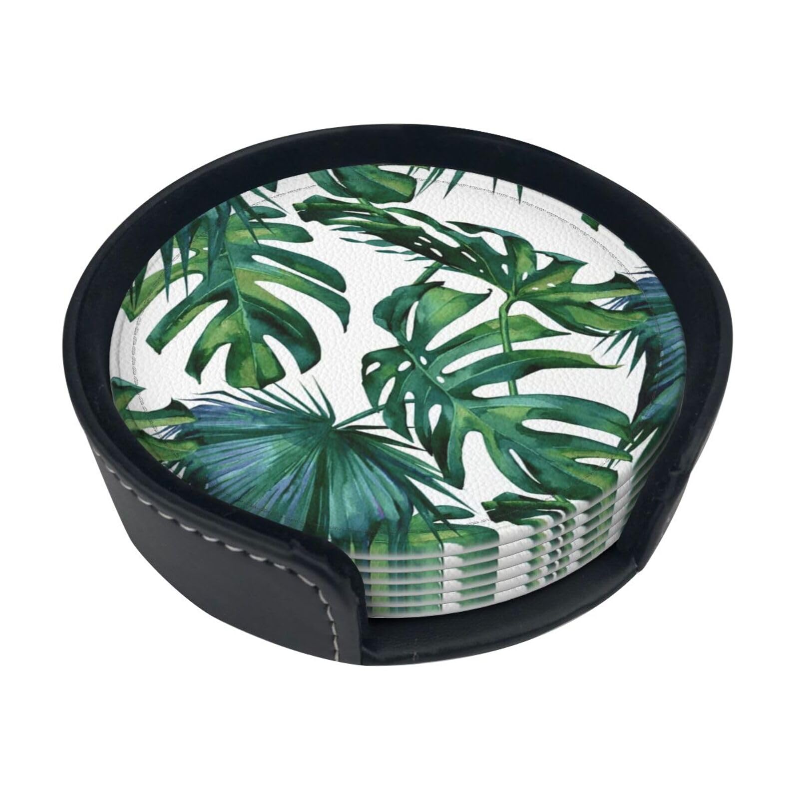 Green Banana Leaves Print Round Coasters Set Of 6,Coaster For Tabletop Protection Home Bar Decor