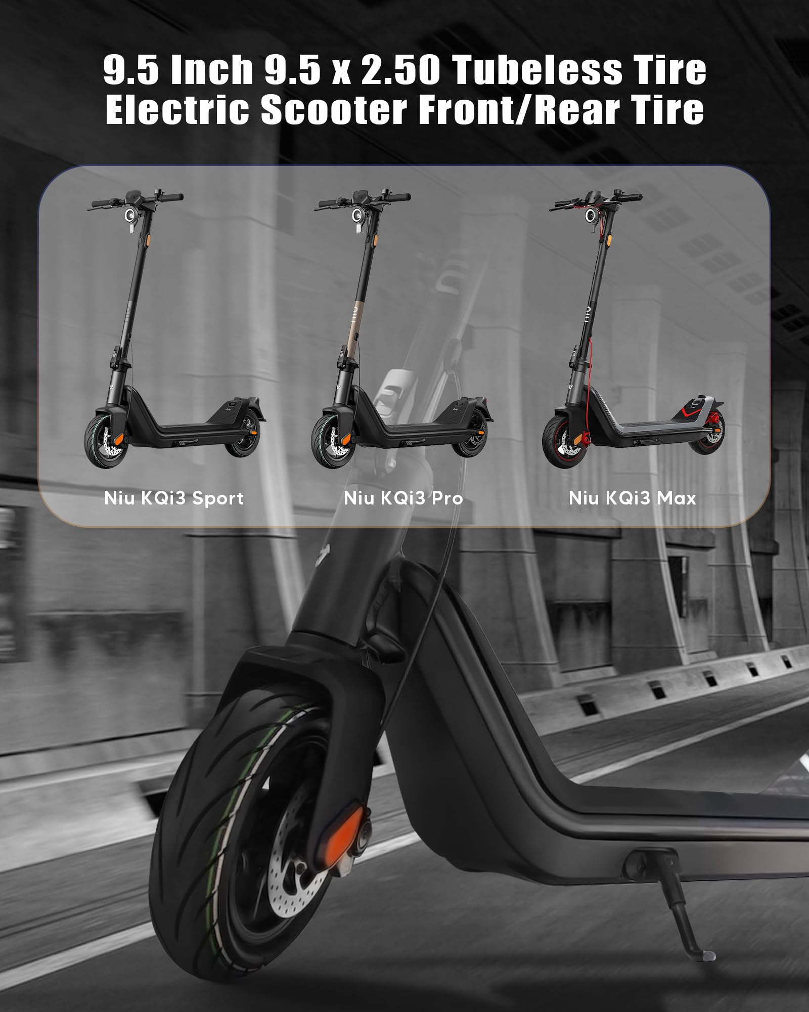 Neumático sin cámara de 9.5 x 2.50 de 9.5 pulgadas con pegamento vivo reparable para accesorios de scooter eléctrico NIU KQi3/Pro/Max, reemplazo de rueda delantera trasera, antideslizante,