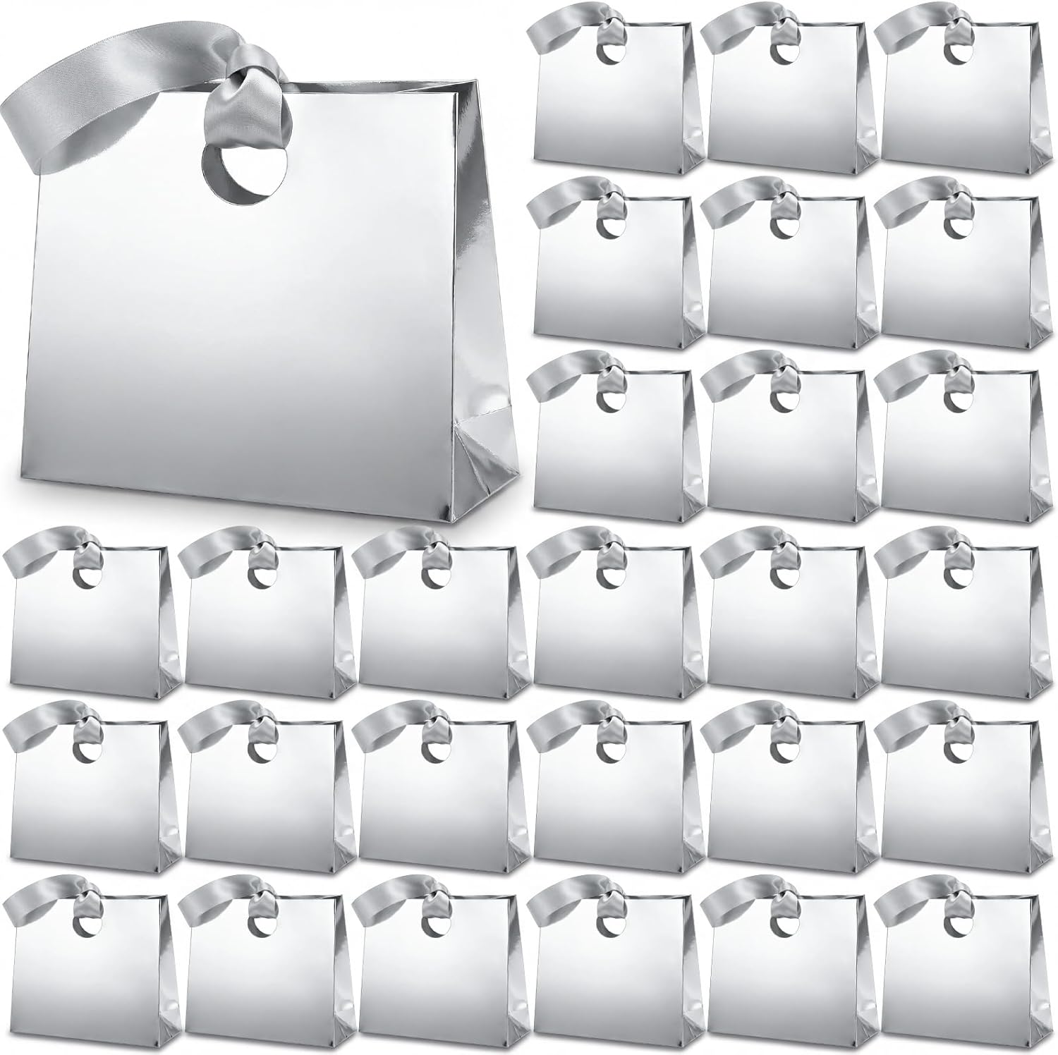 Feifeiya 30 Pcs Small Silver Gift Bags with Ribbon Handles 7.87" x 3.54" x 7.09" Bulk Paper Goodie Bags for Birthday Wedding Bridal Baby Shower Party Favors