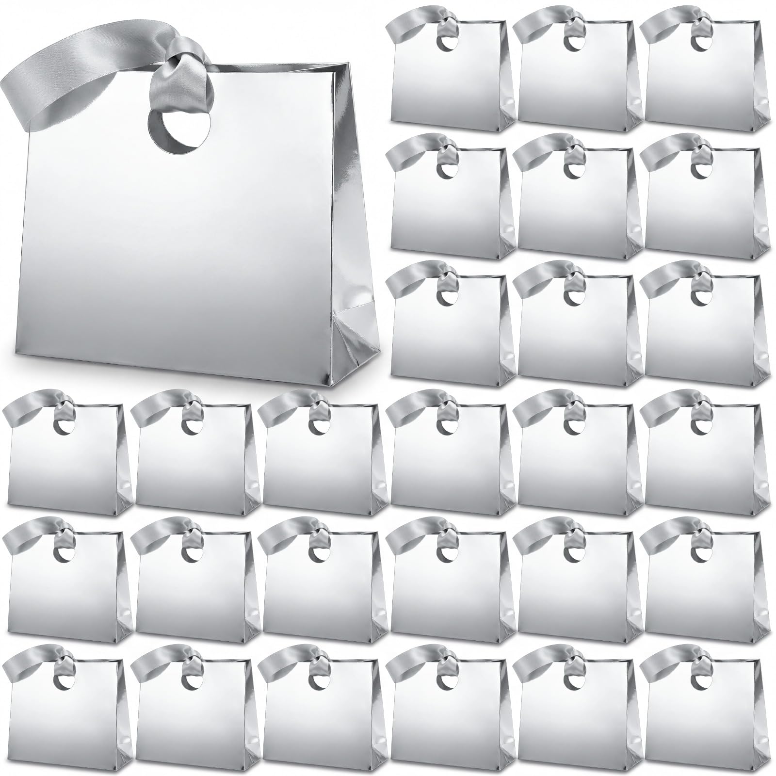 Feifeiya 30 Pcs Small Silver Gift Bags with Ribbon Handles 7.87" x 3.54" x 7.09" Bulk Paper Goodie Bags for Birthday Wedding Bridal Baby Shower Party Favors