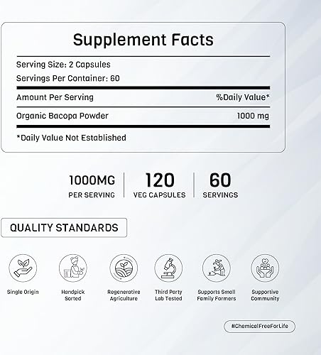 Miniatura 6 de Cápsulas orgánicas de hoja de Bacopa Monnieri en polvo  USDA Orgánico  Vegano  Sin gluten  120 cápsulas  1000 mg  para función cognitiva  Enfoque