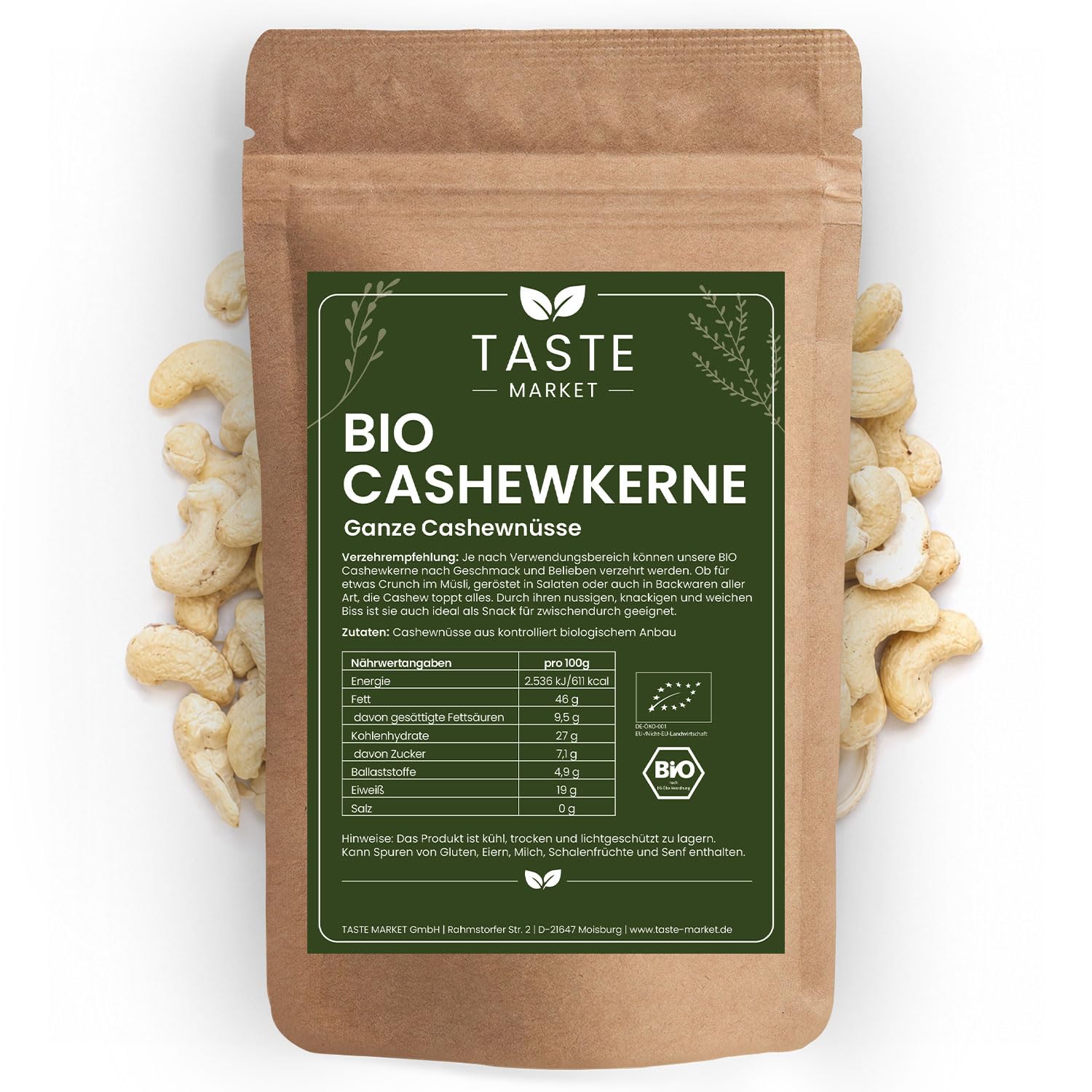 5 kg BIO Cashewkerne |kontrolliert biologischen Anbau | Naturprodukt | TASTE MARKET