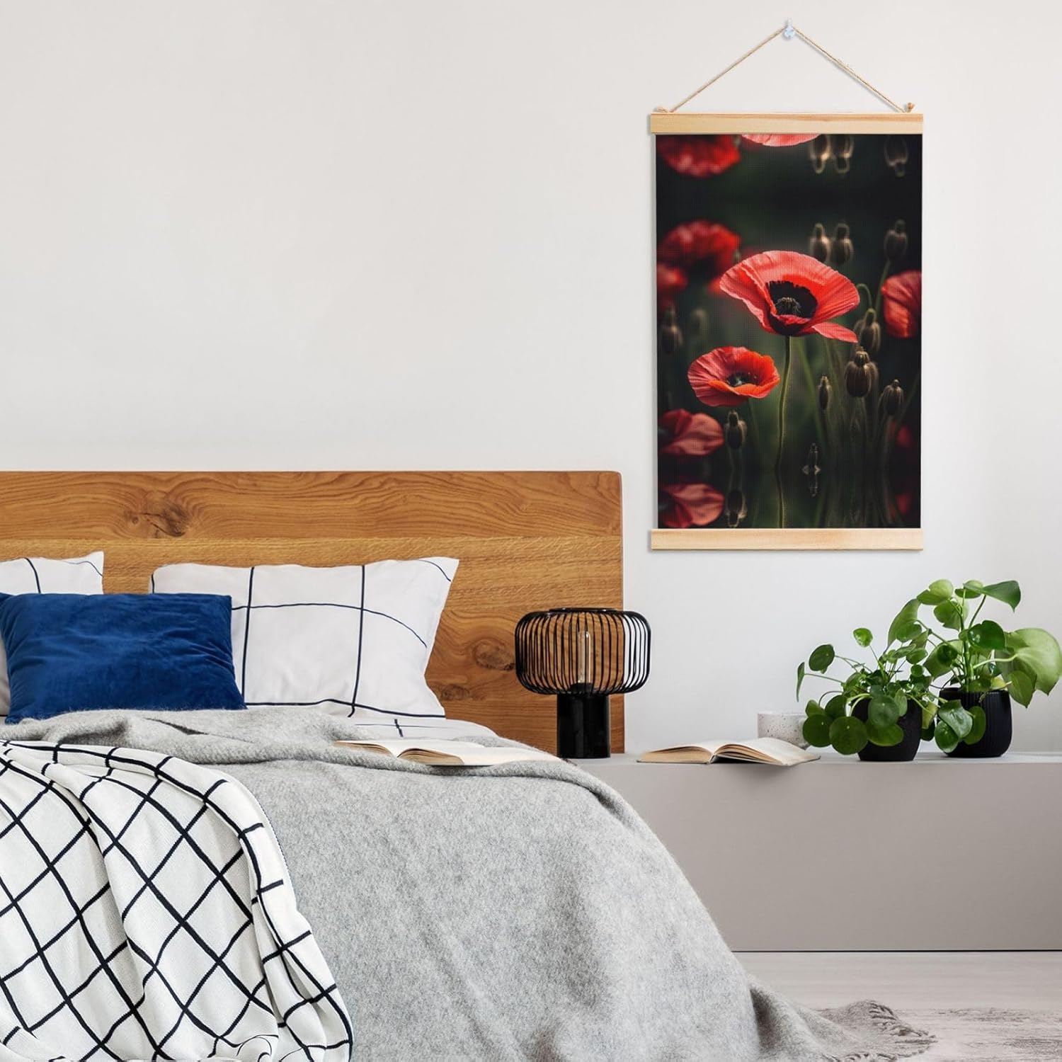 Red Poppy Flower Print Poster Hanger,Hanging Poster, Poster Frame,Wood Poster Hanger, For Wall Hanging