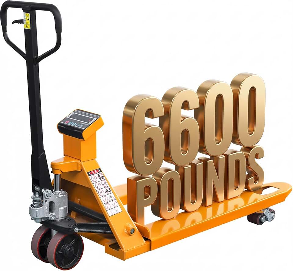 Pallet Jack Scale, 6600lbs Capacity, 45" x 27" Forks, LCD Display, Lb/Kg Switchable Hand Pallet Truck With Electronic Scale, PU wheels, 0.1% Accurate, High Capacity for Warehouse and Industrial