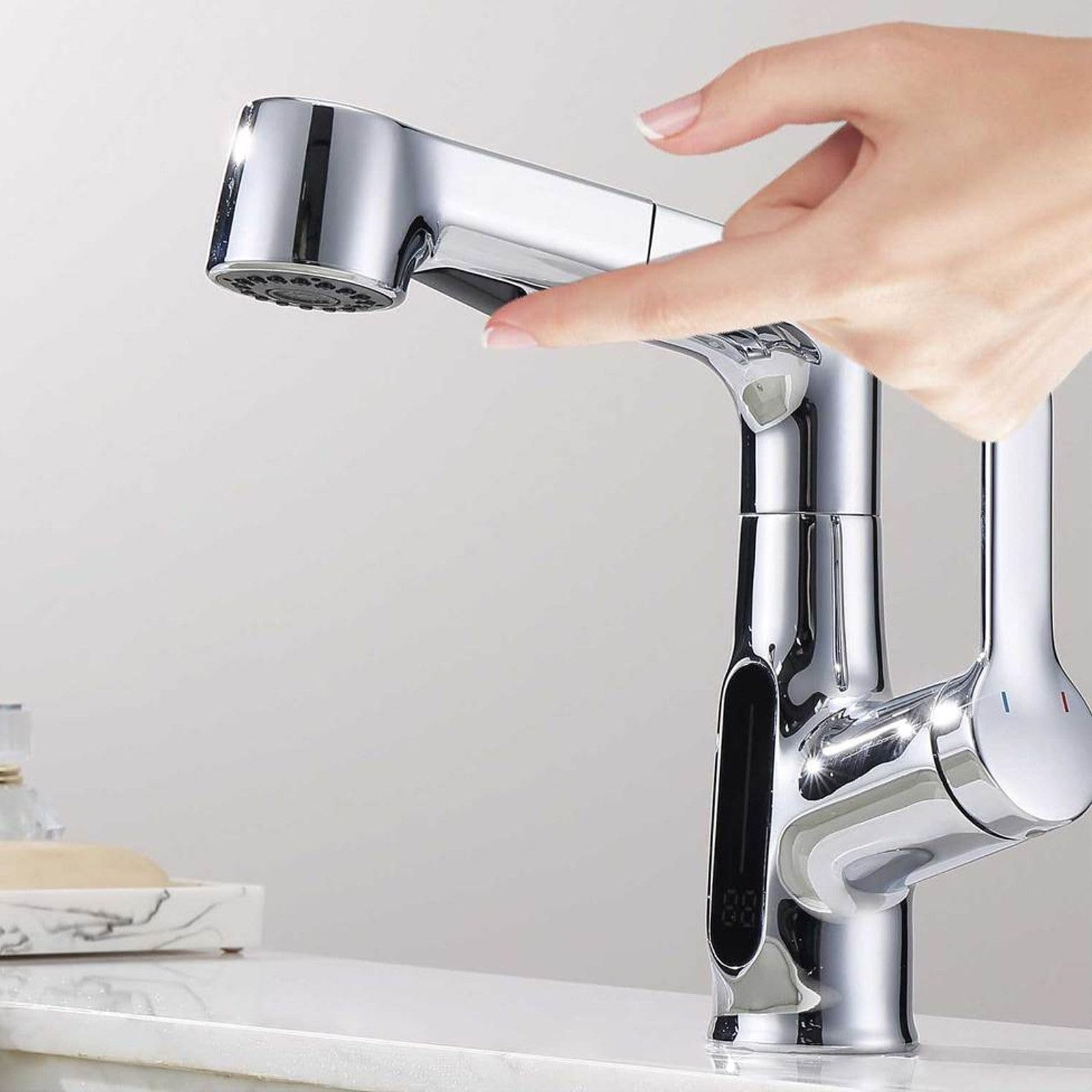 Lavabo de baño de PU de 1 Orificio y 2 Modos con rociador de PU, Lavabo con Pantalla Digital de Temperatura, Lavabo de sobreponer, PU para Lavabo de baño