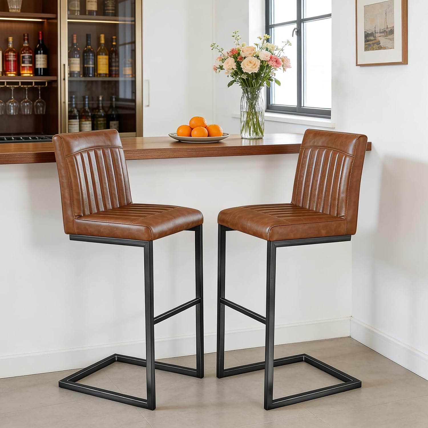 Set of 2 Upholstered Bar Stools with Back, 45" Height Bar Chairs with Padded Seat and Footrest, Modern Kitchen Island Stools with Sturdy Black Metal Frame for Home Bar, Dining Room, Brown