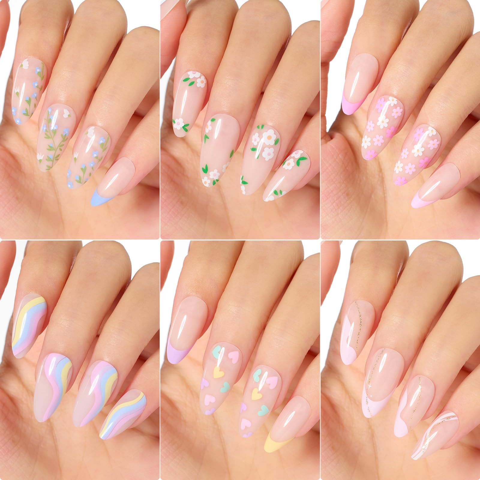 Beetles Press On Nails Medium Almond Kit-180 Pcs in 15 Sizes Valentines Day Gifts 6 Styles Flower Pattern Design Neutral Light Pink Green Color False Nails Set for Women Girls
