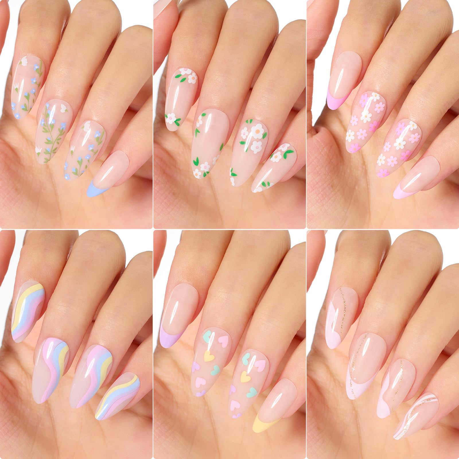 Beetles Press On Nails Medium Almond Kit-180 Pcs in 15 Sizes Valentines Day Gifts 6 Styles Flower Pattern Design Neutral Light Pink Green Color False Nails Set for Women Girls