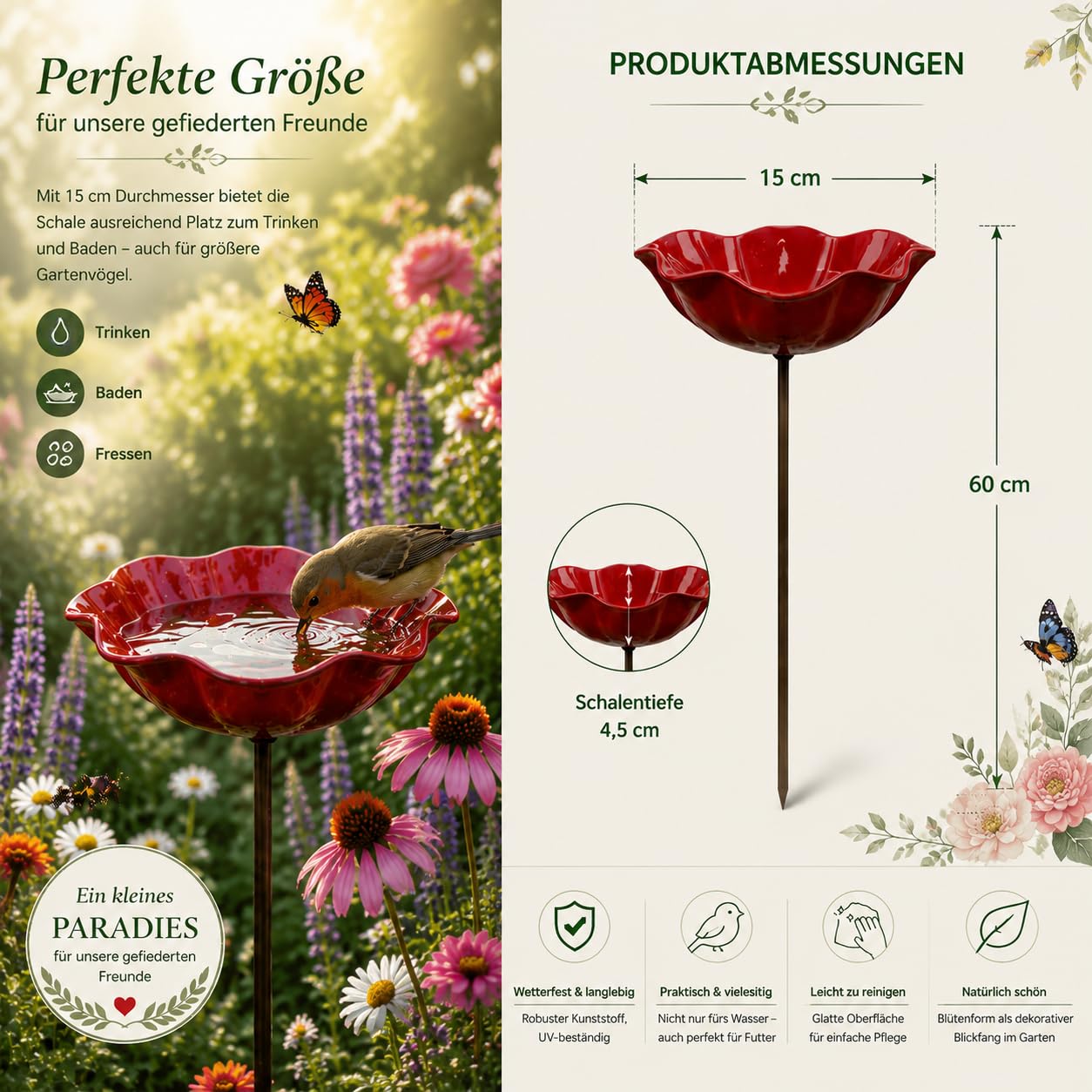 Vogeltränke Blume & Bienentränke aus Metall – Winterfest, Blumenform Gartenstecker, Wasser- & Futterstation für Vögel, Bienen & Schmetterlinge, Gartendeko Gartenstecker für Blumenbeet (4 IN 1)