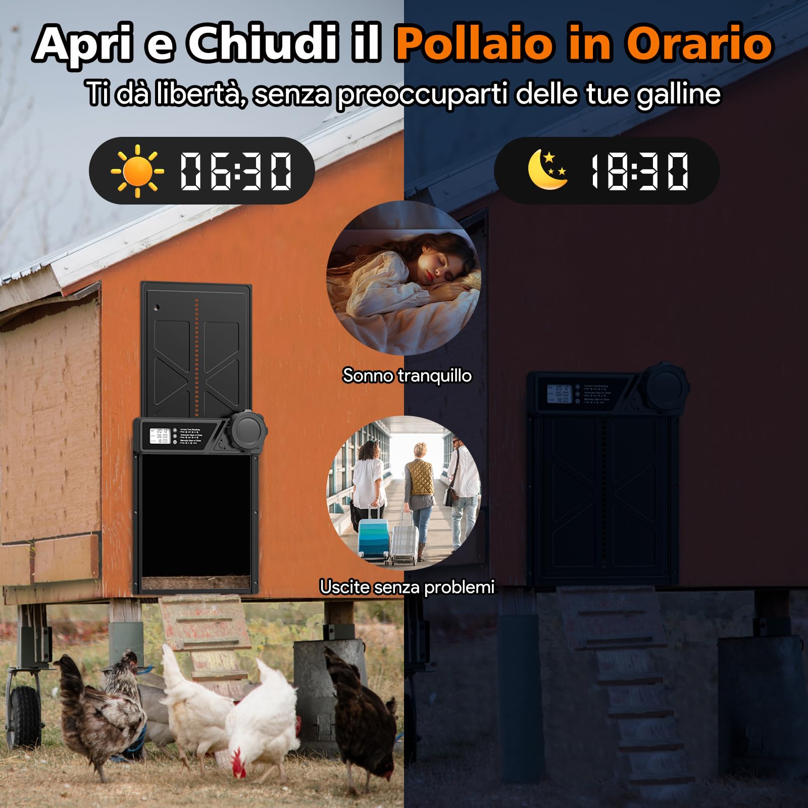 Porta Automatica per Pollaio Grande con Display, Alluminio con Timer di Ritardata Serale e Mattutina, Anti-Pizzicamento, Nero