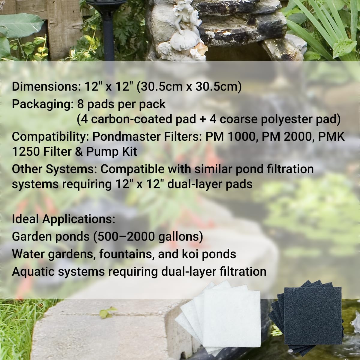 Replacement Filter Pads for Pondmaster 1000 & 2000 Polyester & Carbon Filtration Pads Compatible with Danner 12202, 12"x12" Reusable Pond and Aquarium Filter Pads for Clear, Healthy Water, 4-Pcs