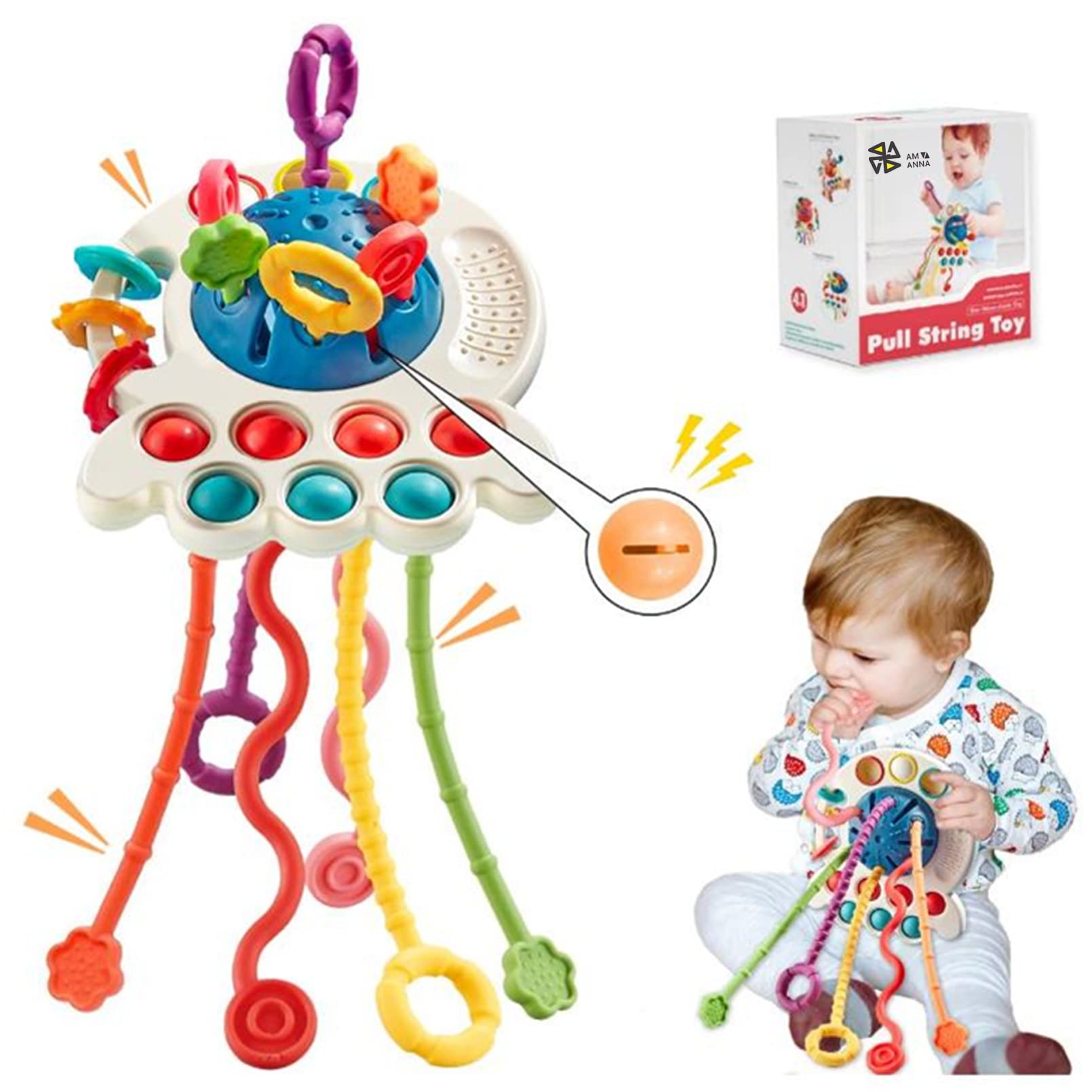 AM ANNA Silicone Pull String Activity Toy, Octopus Shape Food Grade Silicone Baby Montessori Toys,Interactive Learning Development Toy,Improve Fine Motor Skills Sensory Toys for Toddlers Gift