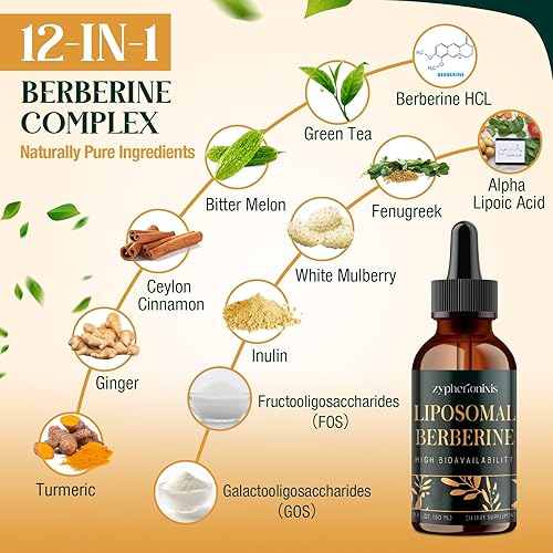 Miniatura 3 de Liposomal Berberine HCL Suplemento líquido 3000 mg  Gotas de berberina de alta absorción con canela de Ceilán  Fórmula 12 en 1 activador AMPK, sin