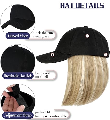 Miniatura 5 de Qlenkay Gorra de béisbol con extensiones de cabello recto, fleco corto, peinado ajustable, extraíble peluca y sombrero ,14 pulgadas para mujer y niña