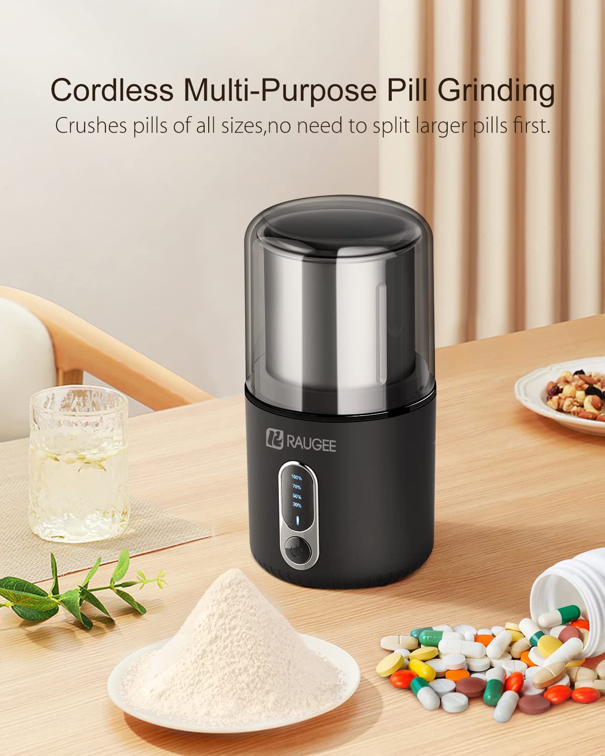 Electric Pill Crusher,RAUGEE Cordless Electric Pill Grinder Extremely Fine Powder for Small and Large Medication and Vitamin Tablets Grind Pulverizer Multiple Pills Cutter with Removable Metal Cup