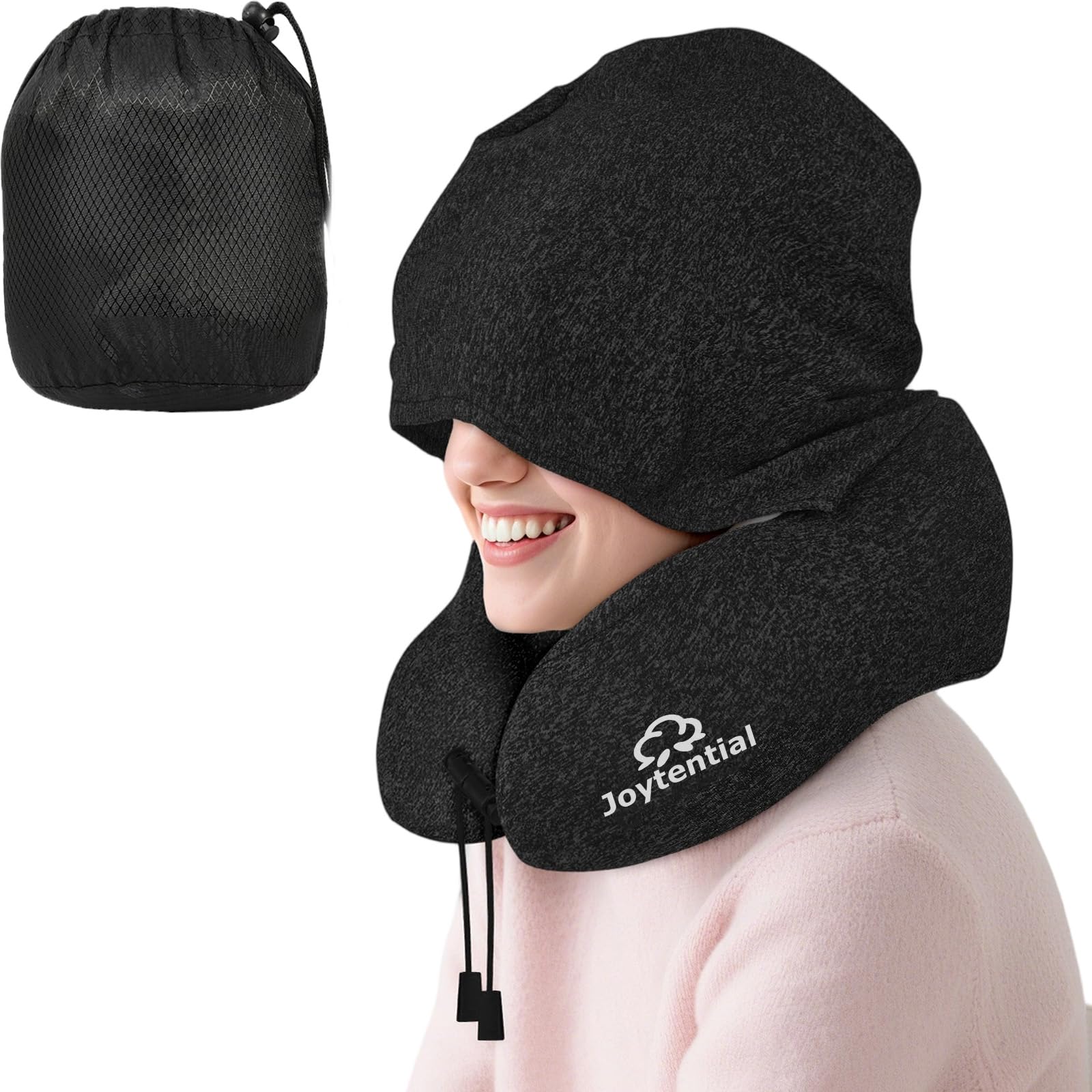 Almohada de Viaje con Capucha, Almohada Cuello de Espuma Memoria Confort, Negro Oscuro