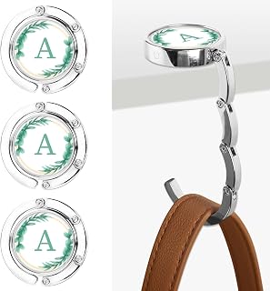 Iqimott 3pcs Personalized Initial Foldable Purse Hook for Table, Flower Letter Folding Handbag Hanger Portable Magnet Table Hook Holder, Collection Desk Purse Hooks for Women Bag (Green-A)