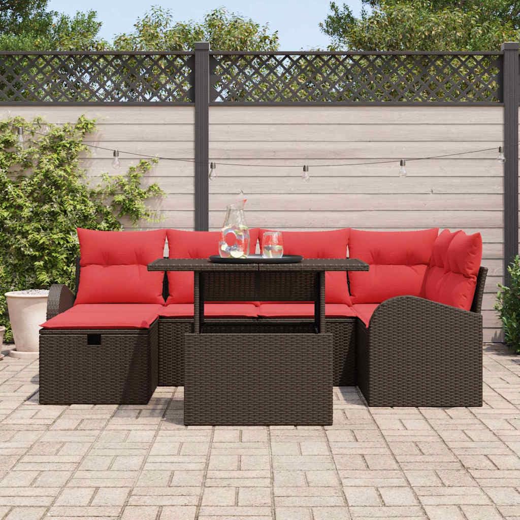 Salon de Jardin Modulable 7 Pièces en Résine Tressée Marron, Ensemble de Canapé d'Extérieur avec Table Réglable en Hauteur, Structure en Acier et Bois d'Acacia, Capacité 6 Personnes