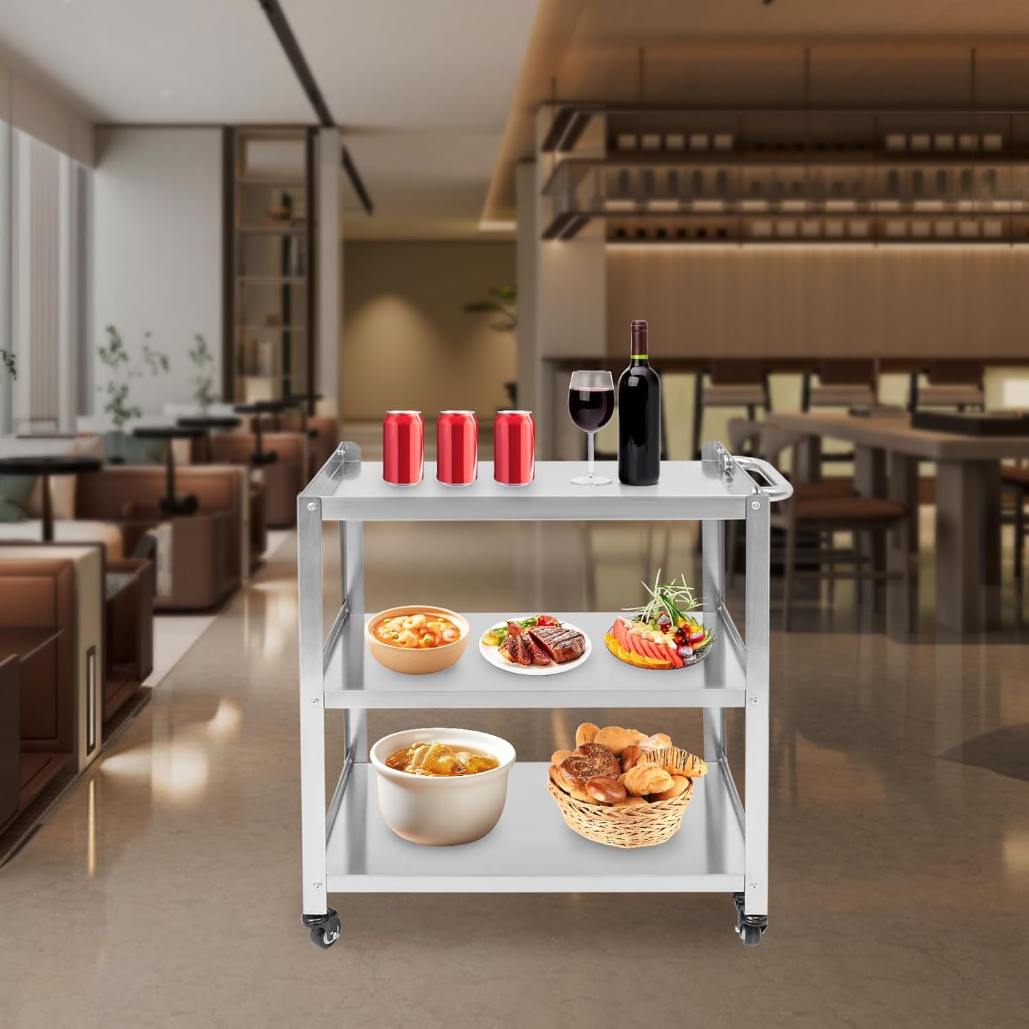 Kitchen Cart, Snack Cart, Rolling Cart, 3-Tier Kitchen Carts on Wheels with Storage, 250lbs Load Capacity, Stainless Steel Utility Trolley for Kitchen, Restaurant, Club, Salon, Bar