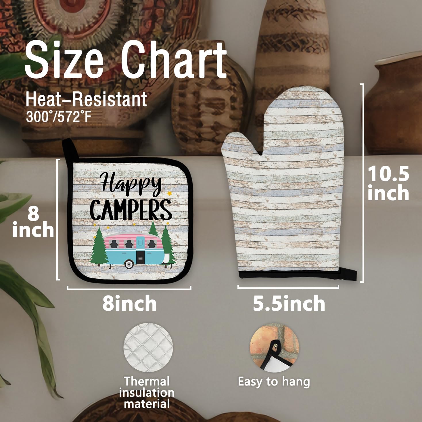 Happy Camper Oven Mitts and Pot Holders Sets, Camper Camping Gifts Oven Mitts, Farmhouse Rv Camping Cooking Over Mittens for Kitchen Decor, Camping Gifts for Campers Camping Lover Women Men - Image 7