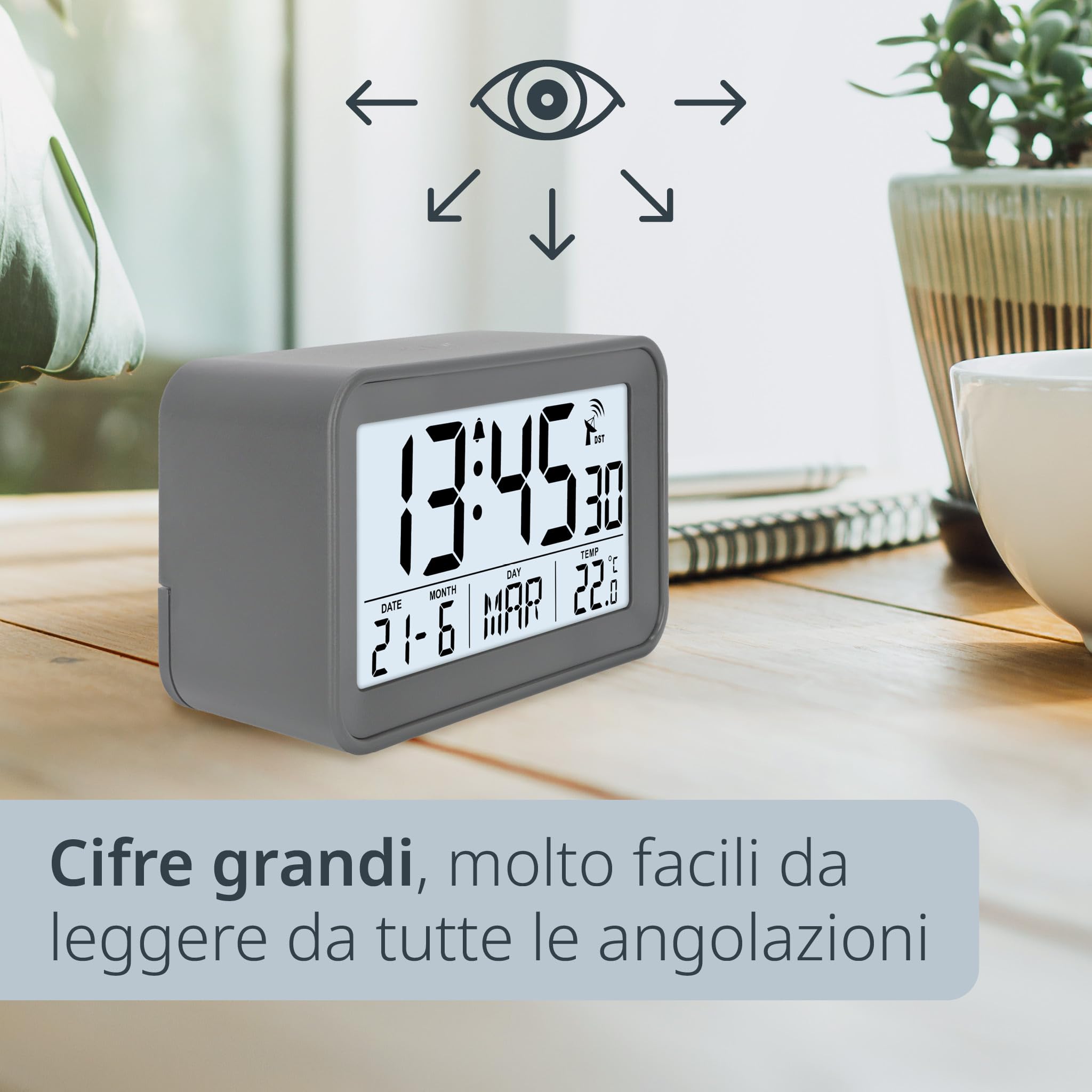ADE Sveglia radio-controllata digitale con luce, temperatura e calendario, compatta