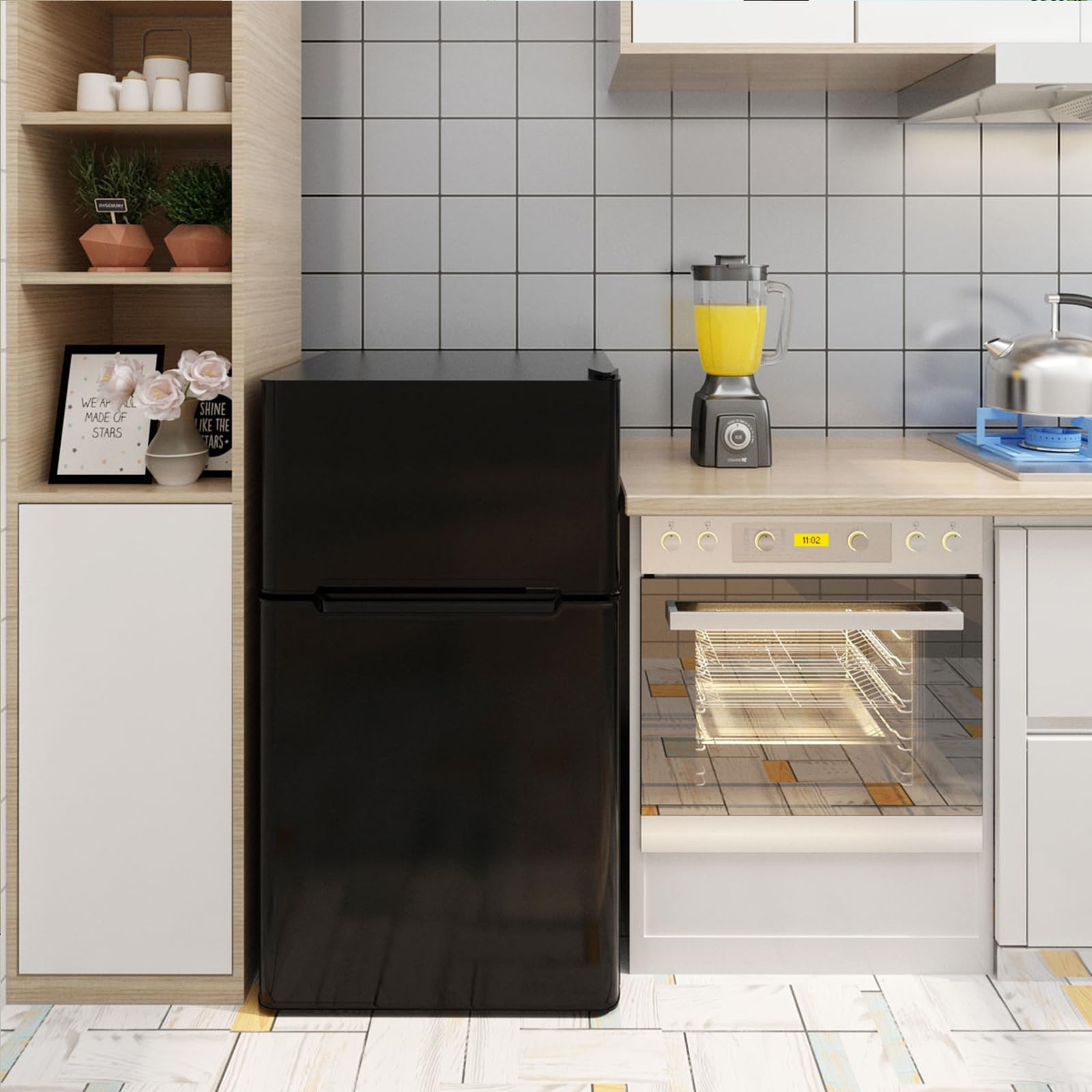 CHEFJOY 3.2 Cu.Ft Mini Fridge with Freezer, Compact Mini Refrigerator with 2 Reversible Doors, Adjustable Thermostat, Removable Glass Shelves, Low Noise Small Refrigerator for Office, Dorm (Black)