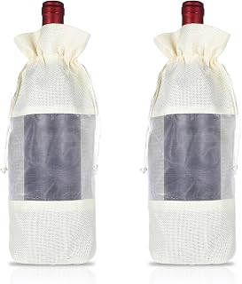 Aiyorse 2Pcs Burlap Wine Gift Bags with Drawstrings Ropes, Reusable Jute Liquor Covers with Sheer Window Organza Hessian Pouches 750ml for Weddings Holiday Party Birthdays(White, 12x4in)
