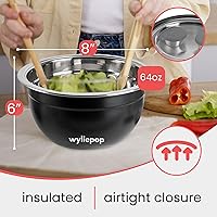 Vista 5 de Kit de ensaladera de acero inoxidable de 64 onzas y 3 cubiertos de bambú con 2 recipientes para condimentos, bandeja de inserción, cuenco y tapa a