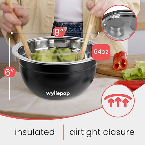 Miniatura 5 de Kit de ensaladera de acero inoxidable de 64 onzas y 3 cubiertos de bambú con 2 recipientes para condimentos, bandeja de inserción, cuenco y tapa a